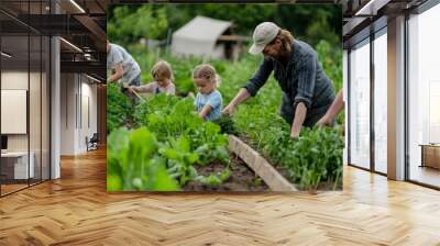 family working together in an organic vegetable garden. Include adults and children picking vegetables, focus on healthy soil, thriving plants. sense of community and sustainable farming practices Wall mural