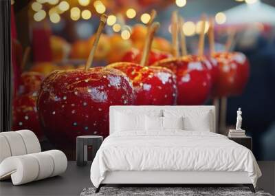 festive treats - candied apples on sale at christmas fair or autumn festival with sprinkles, lights bokeh Wall mural