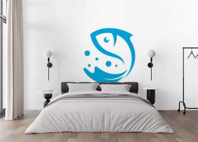 fish logo with water splash combination in blue color Wall mural