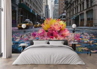 flowers and bloom burst explosion on the street of New York downtown Wall mural