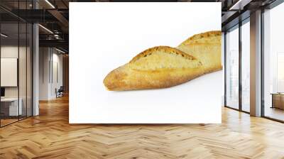 Freshly baked French baguette with a crispy golden crust. Ideal for breakfast and dinner. Traditional homemade white bread. Isolated on a white background. Closeup. With clipping path. Wall mural