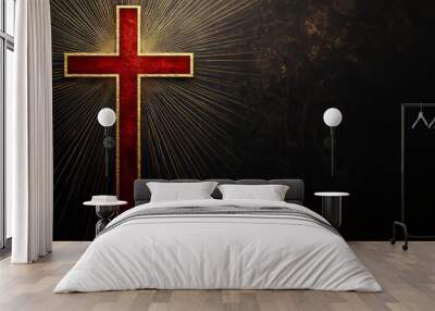 Glowing golden cross with radiant red light on dark background, symbol of faith and hope. Wall mural