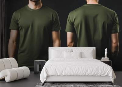 Green t-shirt mockup on a male model, front and back views. Wall mural