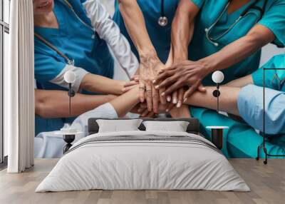 group of people putting hands together in center - symbol of inclusive healthcare Wall mural