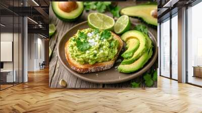 guacamole spread on a toasted slice of bread, topped with sliced avocado and sprinkle of sea salt on a wooden table with ingredients like avocados, lime, and cilantro artistically arranged around it Wall mural