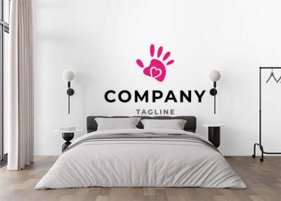 hand logo with love symbol in flat vector design style Wall mural