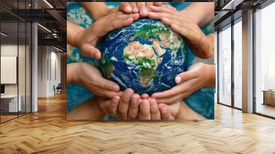 Hands holding planet Earth, symbolizing care for the planet and unity. Wall mural