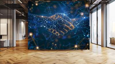 handshake of two hands with connected dots grid in blue neon color. AI human relationship. Digital sign and agreement. Wall mural