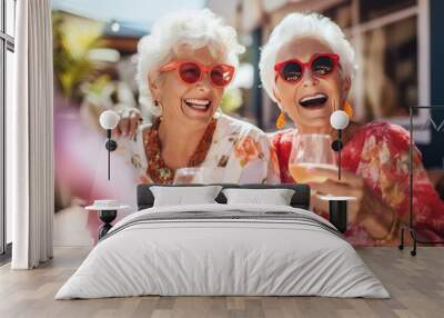 Happy smiling senior women in sunglasses having fun drinking cocktails on vacation. Female retired friends traveling. Wall mural