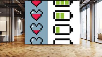 Health and energy level. Heart and battery. Pixel art vector illustration 8-bit Wall mural