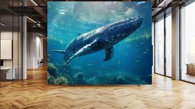 Humpback Whale Swimming in Clear Ocean Waters Wall mural