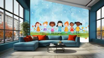 June 1 - International day of protection of children cartoon watercolor  illustration. Diverse kids. Wall mural