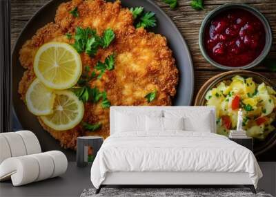 lassic Wiener Schnitzel dish,  golden-brown breaded veal cutlet served with lemon wedges, parsley, side of traditional accompaniments like potato salad or lingonberry sauce,rustic wooden table Wall mural