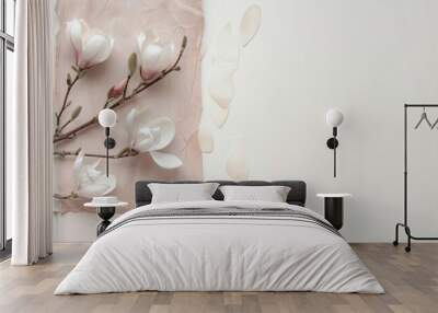 magnolia flower branch on pastel pink white painted background  mockup flat lay copy space right Wall mural