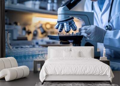 medical professional analyzing a sample under a high-resolution microscope, with a backdrop of organized lab supplies, showcasing the precision and focus required in modern lab work Wall mural