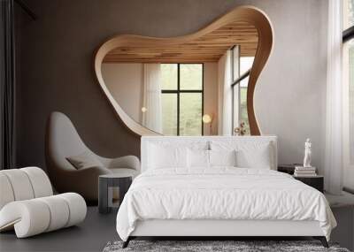 modern living room interior with big mirror of irregular shape and armchair. Minimal Scandinavian design. Wall mural