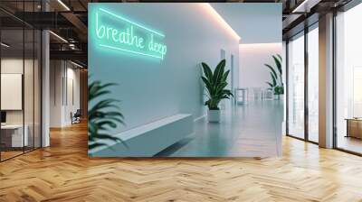 neon sign pastel green  BREATHE DEEP handwriting on the white wall decoration with green plant. Modern minimal clinic, beauty salon, gym or office interior design. Wall mural