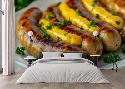 Oktoberfest meal dish on a white plate of traditional Bavarian sausages with mustard, garnished with parsley, on a white plate Wall mural