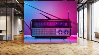 Old radio on background with purple and pink colors vaporwave style, Generative AI Wall mural