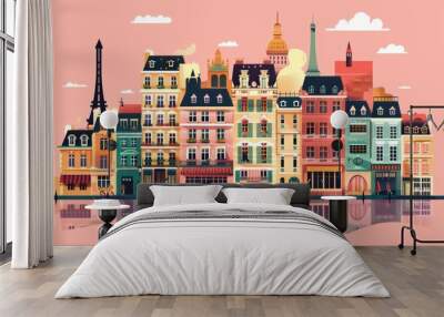 Paris architecture colorful card flat illustration card in pastel peach fuzz color palette  Wall mural