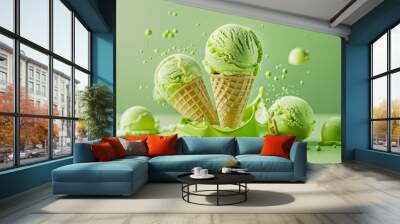 A green matcha ice cream scoops with matcha powder and mint leaf on light green background. pistachio ice cream. Green Organic Avocado Ice Cream. vegetarian ice cream. Healthy dessert. Keto diet Wall mural