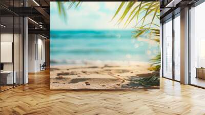 Amazing beach view cosmetics or product background. Beautiful sea, sand, palms background. Golden sand beach with blue ocean and cloudscape and sunshine in the back. Free product place Wall mural