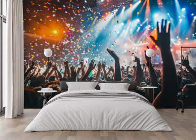 Crowd raising their hands and enjoying great festival party in a concert hall. Fans raising hands up during concert or festival. people with hands up, dancing and enjoying the music at a party Wall mural