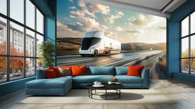 futuristic electric ground transport truck on the highway. autonomously manages the transportation of goods, people and waste through the roads. self-driving electric truck with cargo trailer Wall mural