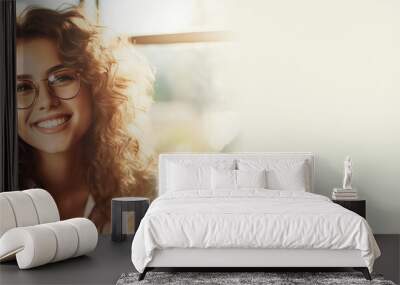 glasses sale banner. optic store sale-out offer. young happy woman wearing trendy glasses in metalli Wall mural