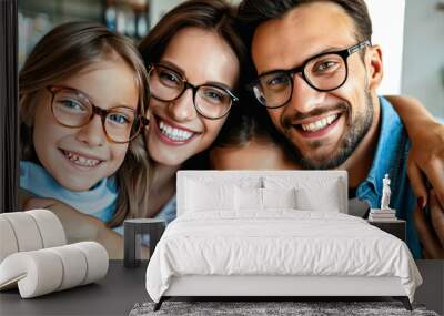 Happy caucasian family of four wearing eyeglasses. Selective focus. Smiling mother, father, son and daughter wearing eyeglasses in various frames. Optics store, family clinic, eyewear promotion Wall mural