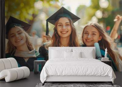 Happy young caucasian grad women is smiling and holding diploma. Happy female students with nice brown curly hair wearing black mortarboards and gowns, holding diploma in hands. Celebrating graduation Wall mural