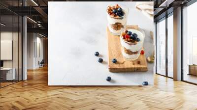 Healthy Breakfast. Muesli with blueberries, almonds, raisins, hazelnuts, honey and yogurt in glasses on a white concrete background. Side view, copy space. Recipe Wall mural