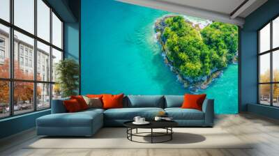 Love travel. heart shaped island in a blue ocean banner. Honey moon, summer vacation, last minute tour concept. Aerial view. Beautiful maldives tropical island in heart shape. Copy space Wall mural