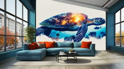 Sea turtle swimming underwater with double exposure. A beautiful Underwater Turtles silhouette with beach landscape on white background. Beautiful print design, interior picture. Save sea turtle Wall mural