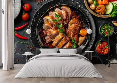 Traditional roasted turkey with herbs and sauce. Baked duck breast with aromatic herbs and spices on a black plate on dark background. Restaurant menu, recipe. Baked chicken with vegetables Wall mural