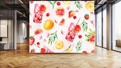 Trendy colorful tropical vacation mood in watercolor summer cocktail with fruits pattern on retro pink background. Summer illustration Wall mural