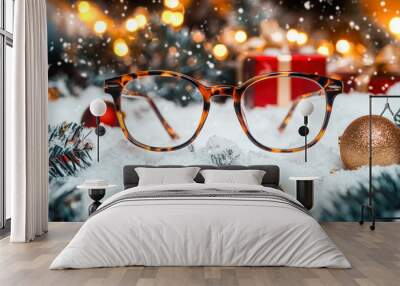 Trendy Glasses with Christmas balls and fir branches on white snow. New Christmas eyewear collection. Optic store sale banner. Winter special offer discount. Eyeglasses in plastic frame side view Wall mural