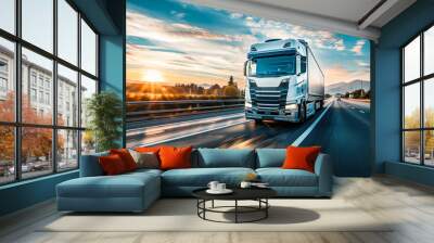 Truck with container on highway, cargo delivery, transportation concept. Shaving effect. Truck driving on the asphalt road along green fields at sunset. lorry logistic freight transportation business Wall mural