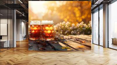 Two mugs of beer standing on a wooden table in beer garden against fall bokeh background. Oktoberfest, beer festival concept. Beer mugs with dark and lager beer on table in a sunny fall day. Wall mural