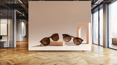 Two pairs of Trendy sunglasses on beige background. Summer fashionable accessories. Minimalism. Sunglasses promotion. Eyewear fashion. Optic store discount, sale. Copy space for text Wall mural