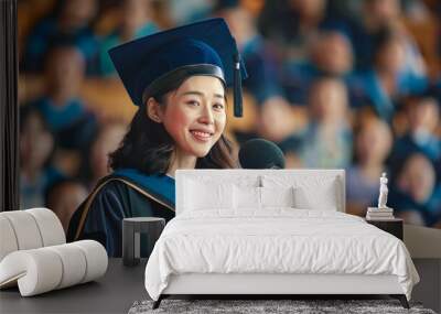 Young happy woman in a gown and a mortarboard stands at a podium and gives a graduation speech. Valedictorian young female student wearing graduation hat giving graduation speech to the audience Wall mural