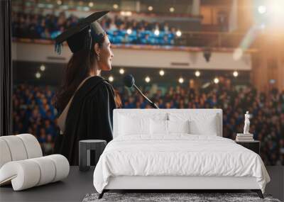 Young happy woman in a gown and a mortarboard stands at a podium and gives a graduation speech. Valedictorian young female student wearing graduation hat giving graduation speech to the audience Wall mural