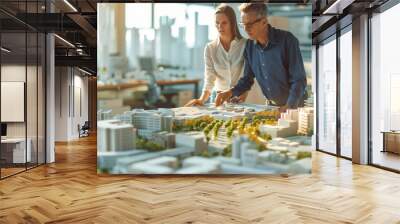 Young Man and woman discussing new city layout model in Bureau of Architecture. business complex scale model on table. real estate developer architect and businessman working on new project in office Wall mural