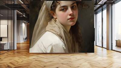 Portrait of a beautiful girl in a white dress with a veil,painting art Wall mural