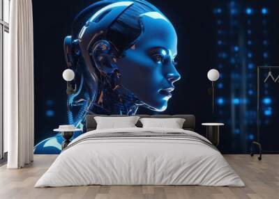 Portrait of cyber woman in blue neon background. Future and technology. People and robots. person to AI interaction. Wall mural