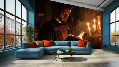 Priest performing a sacred ritual with candles, smoke, and holy scriptures, signifying exorcism. Wall mural