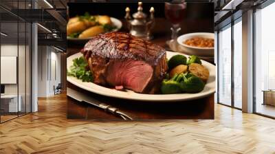 Prime rib meat dish at dinner table. Christmas festive feast with candlelight, thanksgiving food, american classic. Wall mural