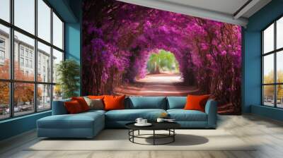 purple Bougainvillea tunnel view. Mediterranean travel card. Wall mural