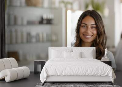 smiling diverse female receptionist at beauty salon or sales person at cosmetics store at reception desk Wall mural