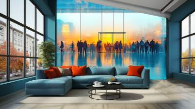 Bright blue glass building interior with blurred business people walking in motion blur, modern architecture background banner for corporate concept.  Wall mural